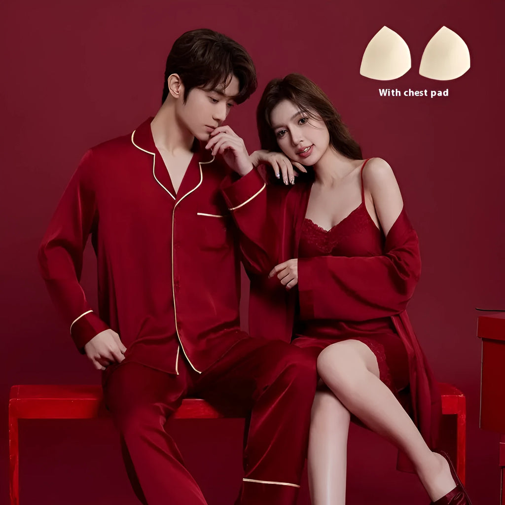 Red ice silk wedding dowry sleepwear set for couples with long sleeves and trousers