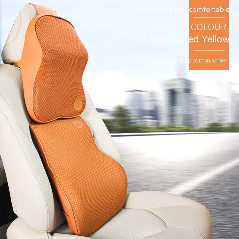 Car headrest and lumbar pillow set with memory foam filler in various colour options