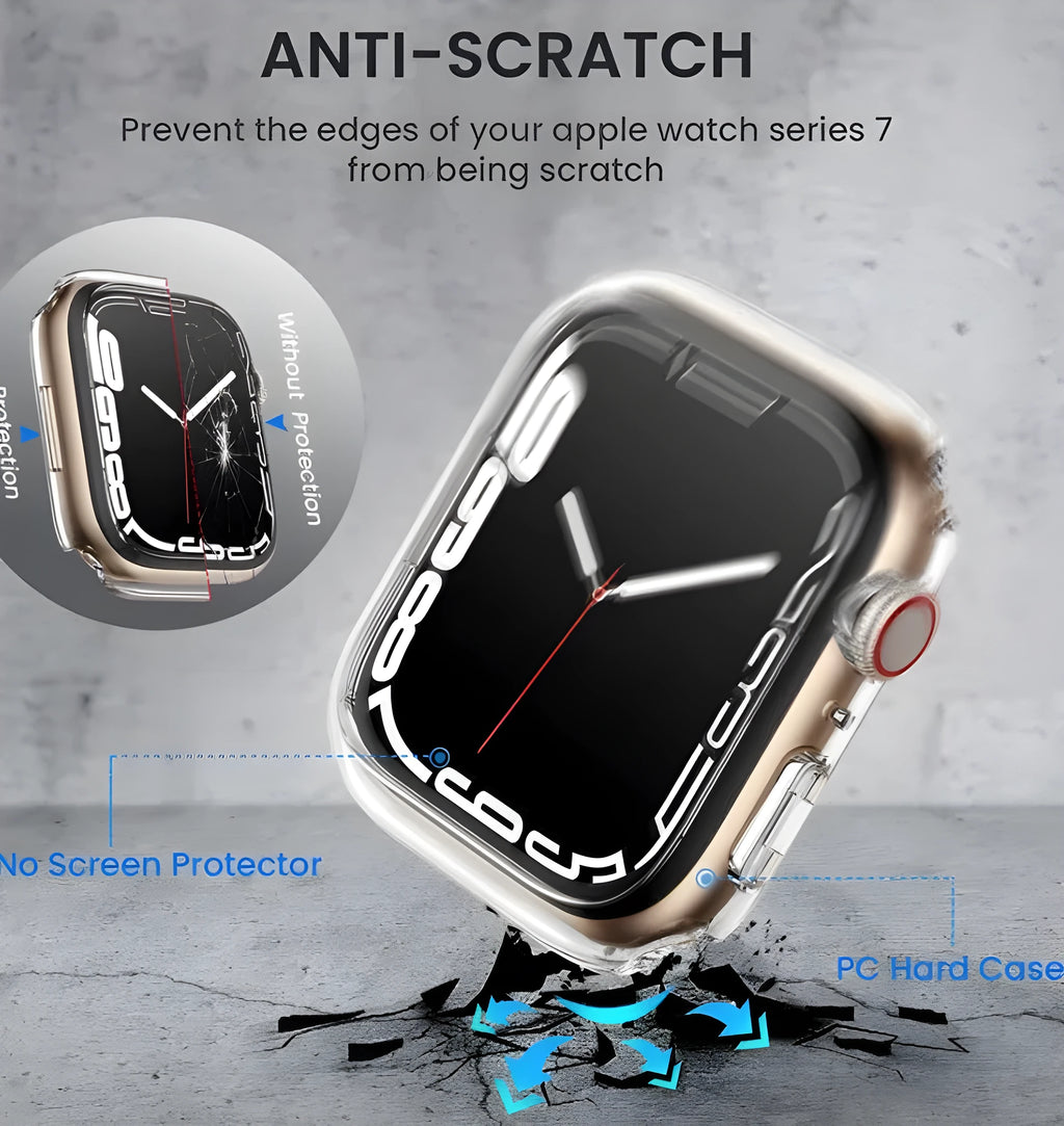 PC tempered film protective case for Apple Watch in multiple colours and sizes on a white background.