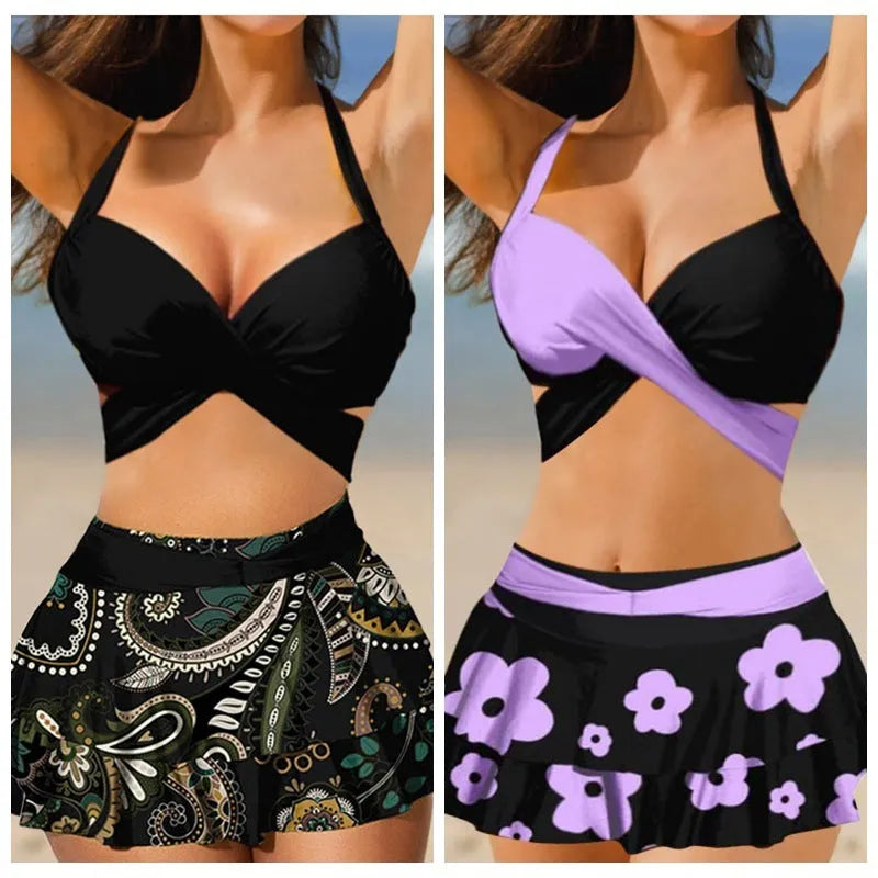 Women's purple split skirt bikini with lace-up back for swimming sports