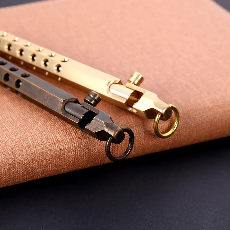 Solid brass hexagonal bolt roller pen showing its 6-angle design and 13cm length.