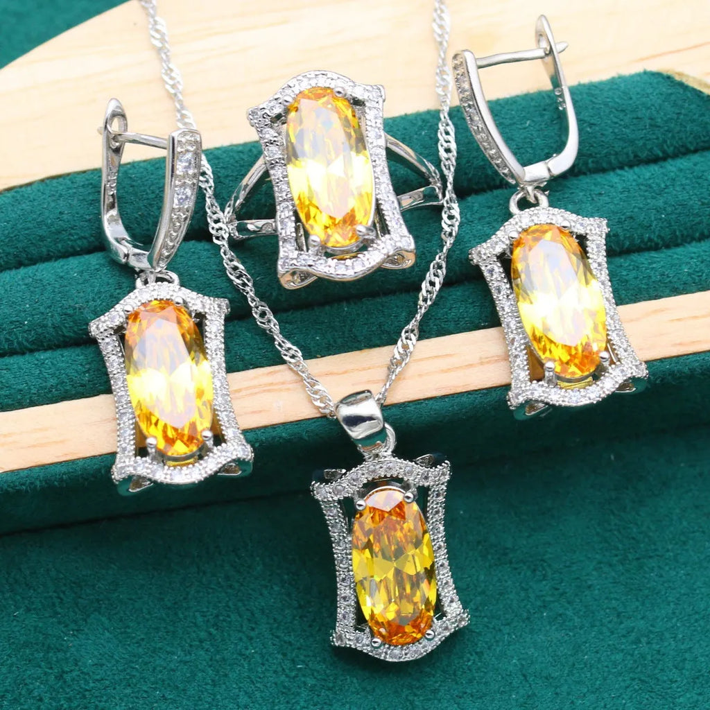 Women's anti-allergy zircon jewellery set with necklace, earrings, ring, and bracelet in yellow or olive colours
