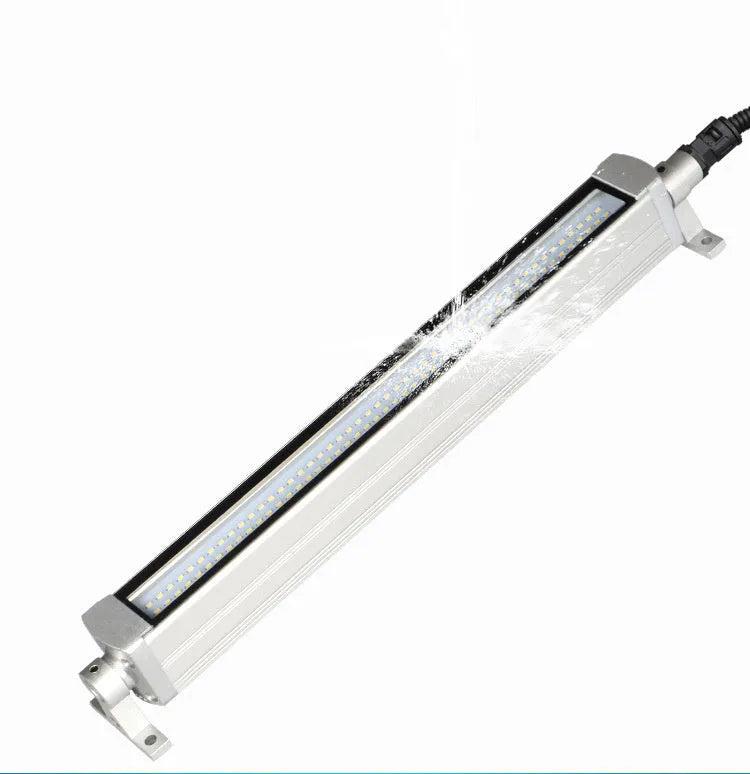 Aluminium LED strip work light with tempered glass cover and long cable for CNC machine mounting.