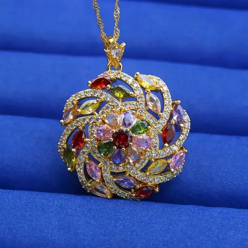 Spiral flower pendant necklace in real gold plated copper with micro inlaid zircon, Blue or Colour option