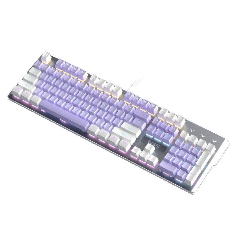 Purple and white mechanical keyboard and mouse combo set with backlit keys on desk