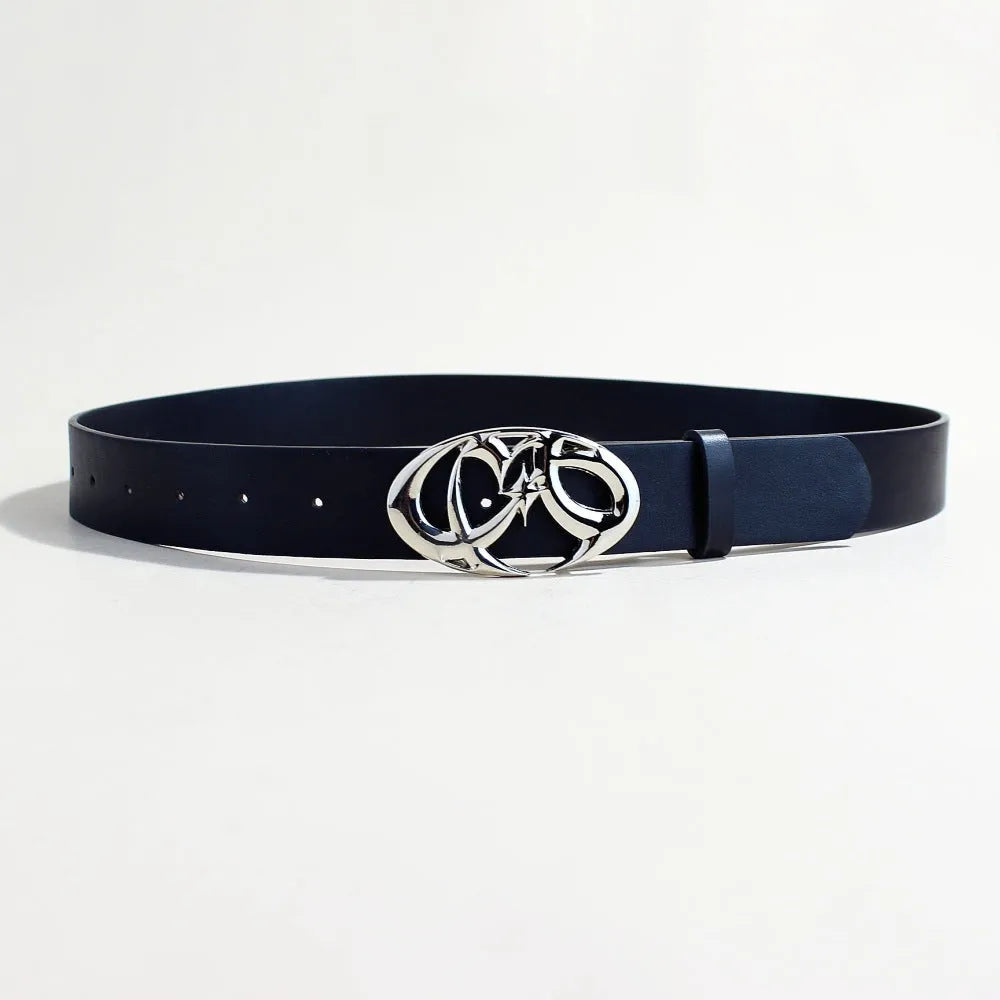Silver buckle on a brown PU leather casual belt with snap button closure
