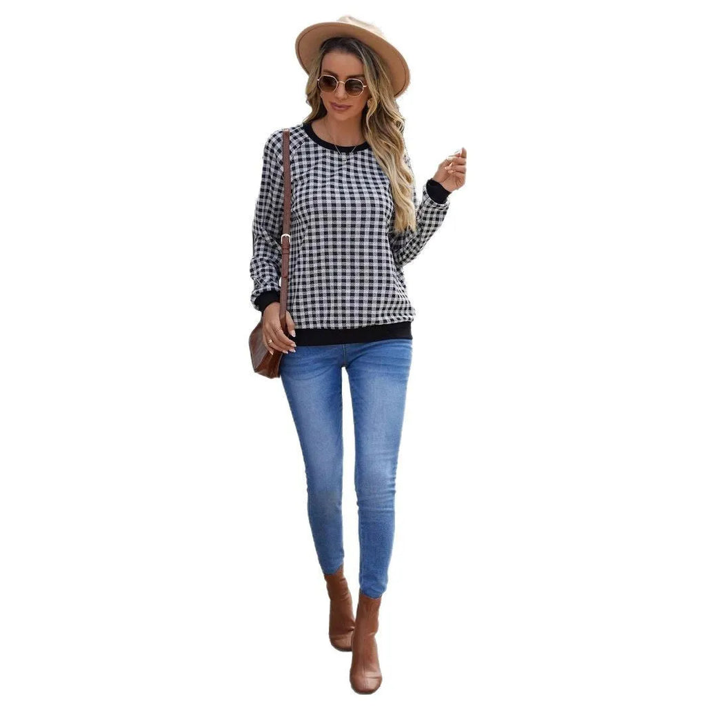 Black plaid pattern long sleeve pullover sweater with printing detail