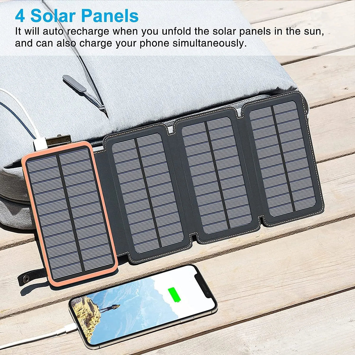 Black solar power bank with solar panel on front, LED light, and soft leather exterior.