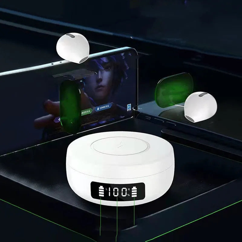 Mini semi-in-ear wireless Bluetooth earphones with wireless charging case in black, white, and colour options