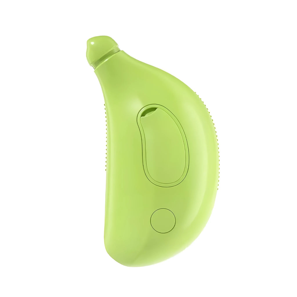 Rechargeable cat steam grooming brush with round teeth and cat paw ends in green or yellow colour