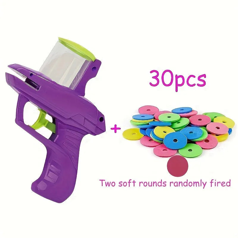 Green interactive battery-free cat toy launcher with foam disc on a floor.