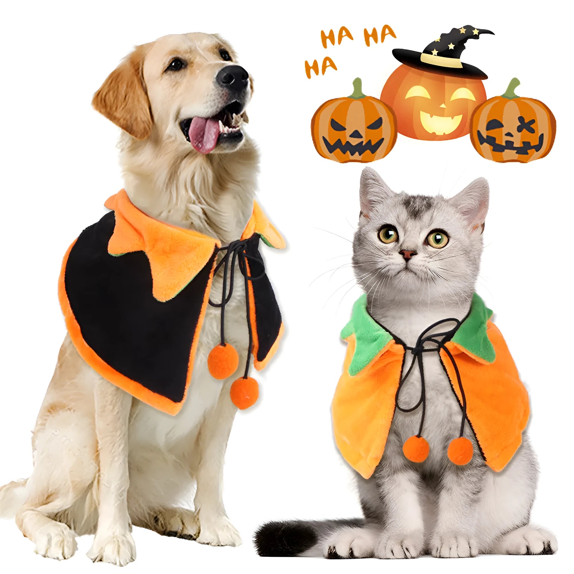 Orange pumpkin Halloween cloak for a dog, made from soft plush fabric.