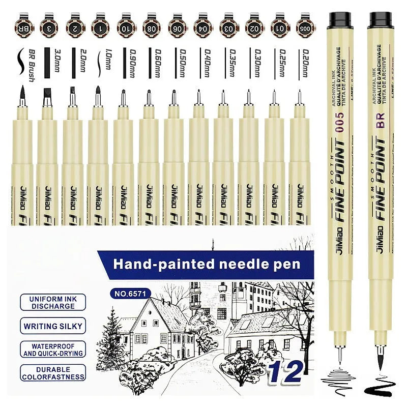 Syringe-style needle pen with hand-drawn hook line art and cartoon details on plastic body.