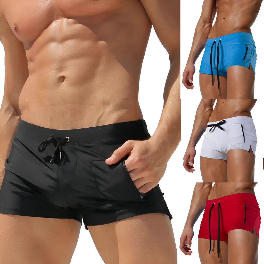 Men's black polyester high waist lace-up swimming trunks with spandex lining