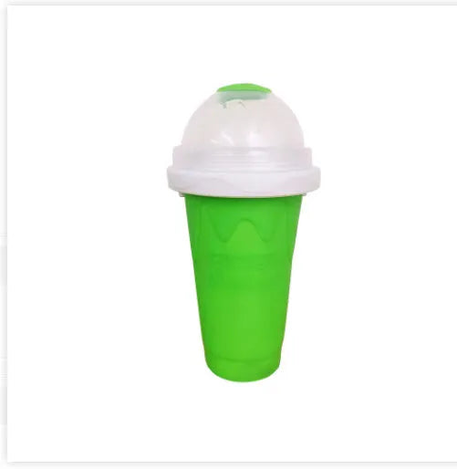 Blue double wall silicone cold shake cup with cylindrical shape and pinch activation for instant beverage cooling