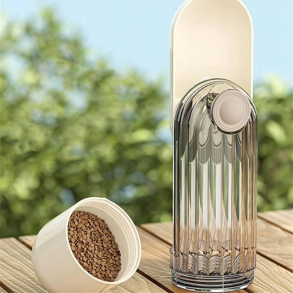 Beige or green folding portable dog water bottle with food dispenser, shown in open and closed positions.