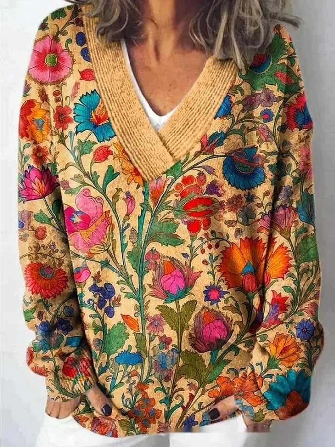 Women's long sleeve floral print sweatshirt with 3D effect in wool woven polyester fabric