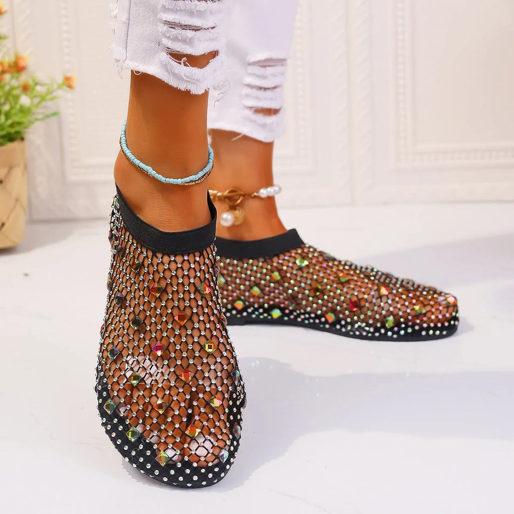 Women's colourful mesh flat sandals with rhinestone design and round toe profile