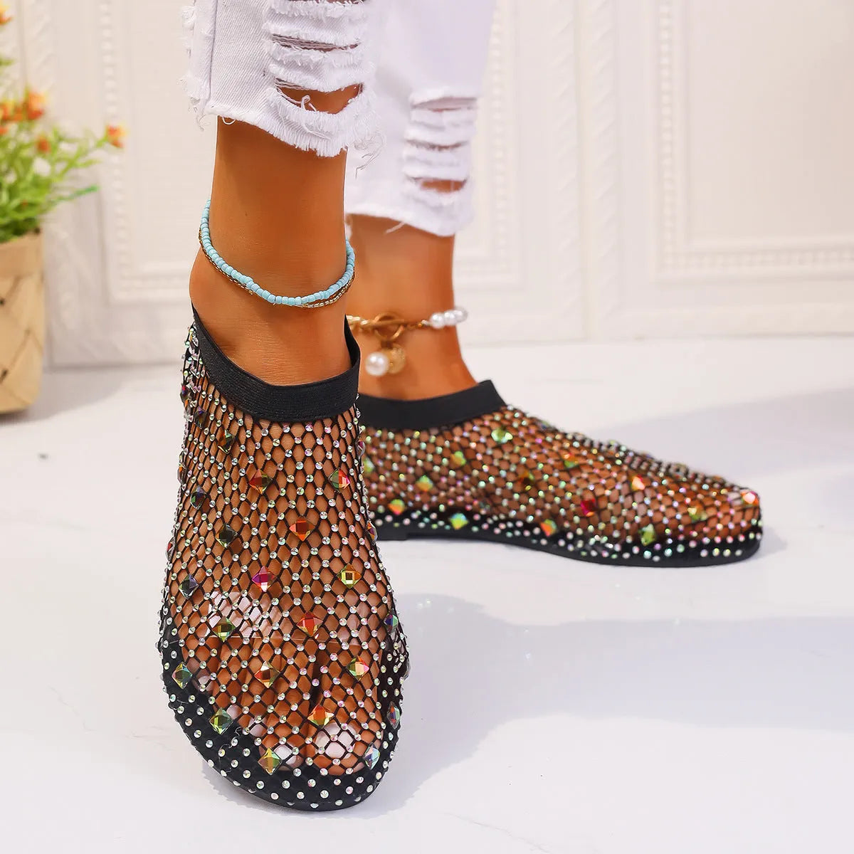 Women's colourful mesh flat sandals with rhinestone design and round toe profile