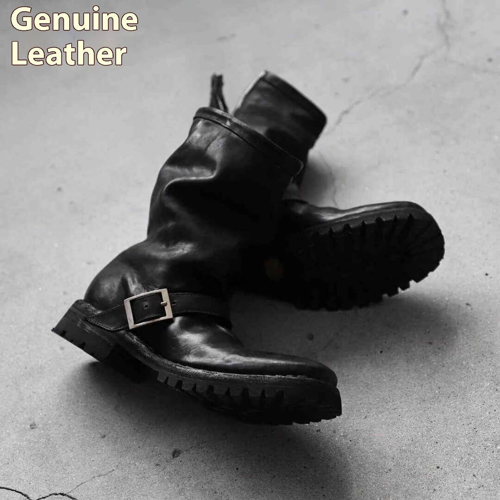 Men's dark retro Martin boots with side zipper closure and round toe in black colour
