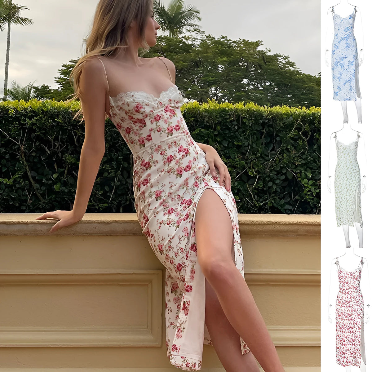 Blue lace floral print long dress with suspender straps and a thigh-high slit