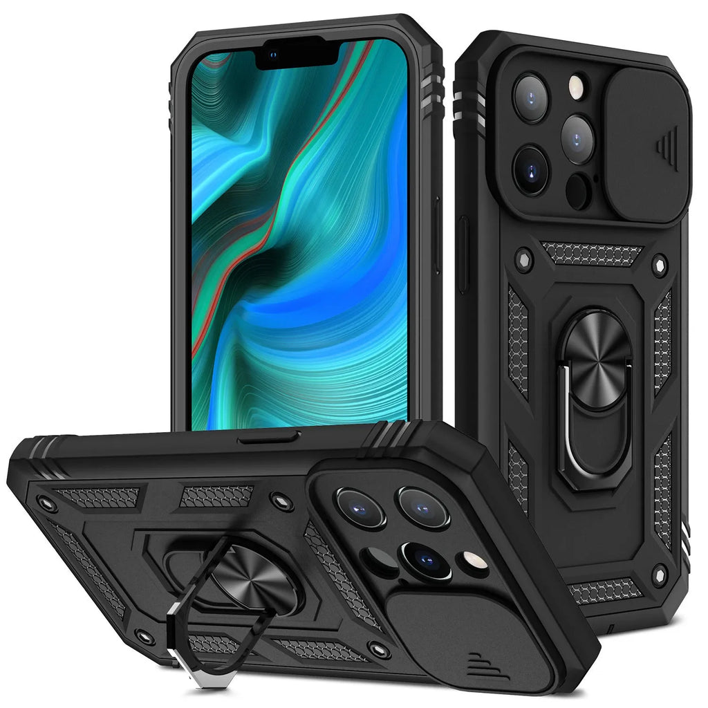 Magnetic sliding bracket mobile phone case for Apple iPhone in two-tone colour options.