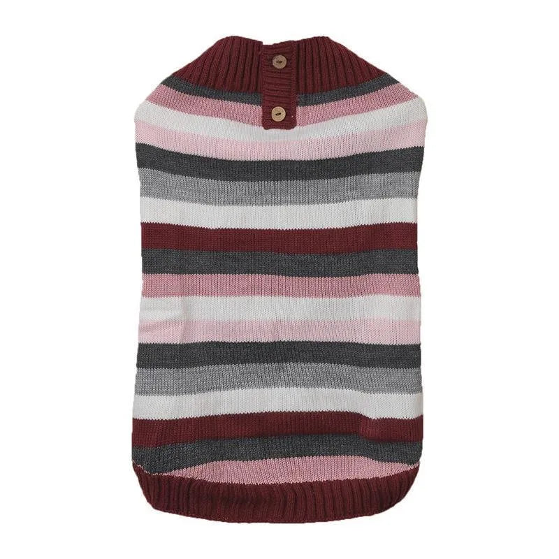 Grey dog sweater with contrast colour horizontal zip and button pockets on a small dog.