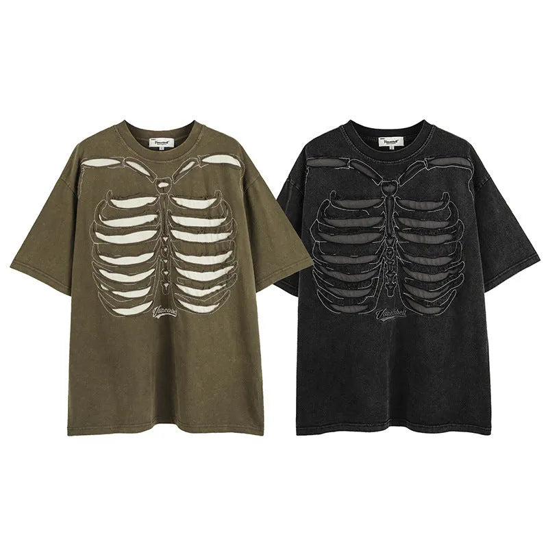 Men's loose dark street style skull print cotton t-shirt with drop-shoulder sleeves in brown and black colours
