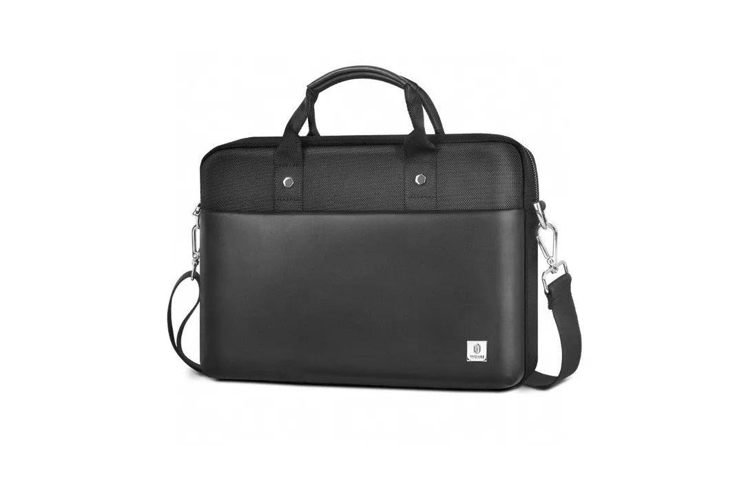Black oxford cloth laptop handbag showing multi-pocket interior and separate padded computer compartment.