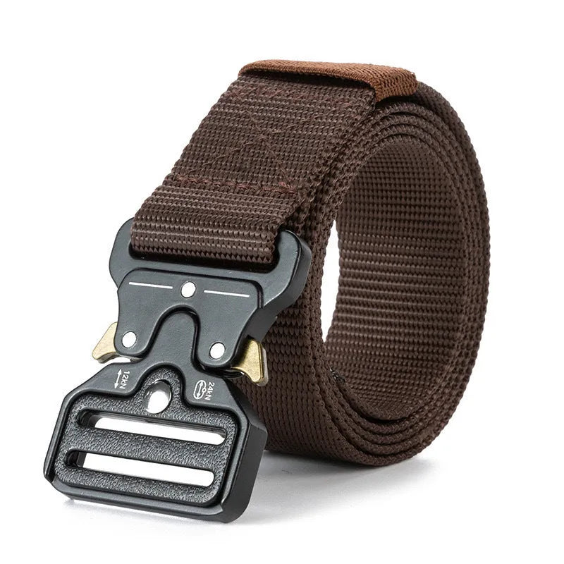 Men's thick canvas tactical belt with alloy release buckle shown in multiple colour options