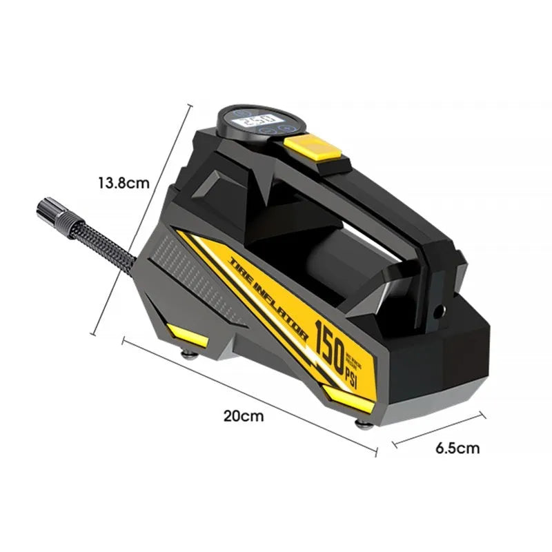 Black portable 12V car tyre inflator with digital display and LED light on hose.