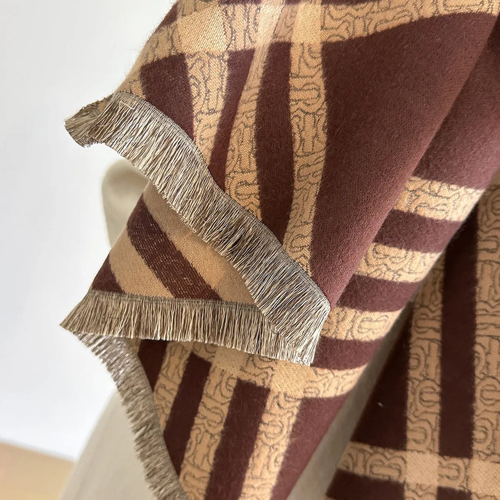 Imitation cashmere scarf with tassels in brown colour showing full 185cm length