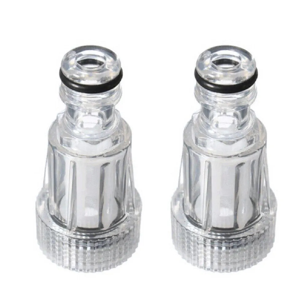 Transparent plastic water inlet joint for Karcher pressure washers, showing 3cm diameter.