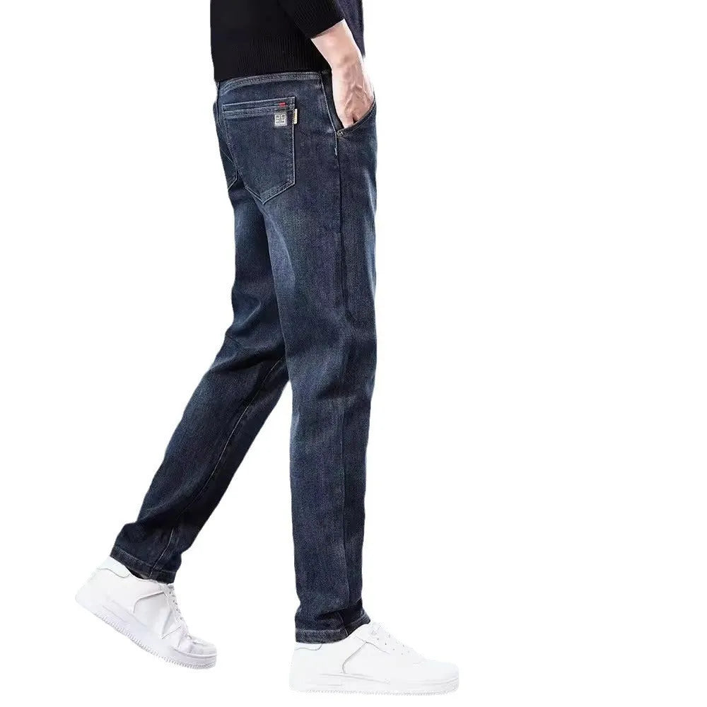 Slim straight casual trousers in blue-grey colour with mid-waist and standard length