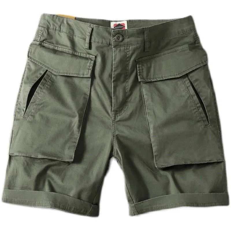 Men's stretch cotton cargo shorts in army green, showing multiple pockets and straight-leg short cut.