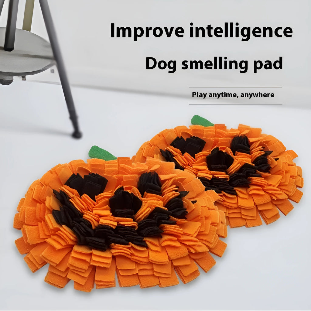Orange black green pumpkin print pet smell mat on polar fleece measuring 25x34cm