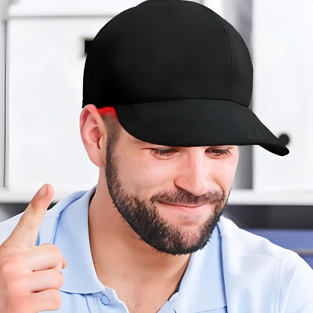 Black infrared hair growth peaked cap with 180 LED lights and controller for scalp light therapy treatment