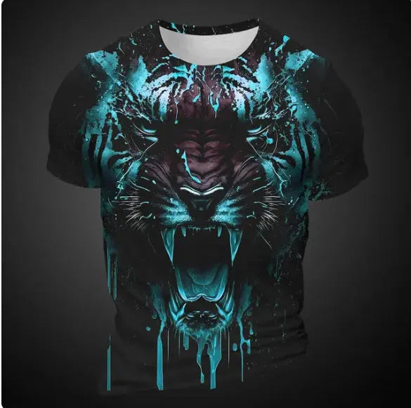 Men's grey T-shirt with a vibrant blue and orange 3D tiger pattern printed on the front.