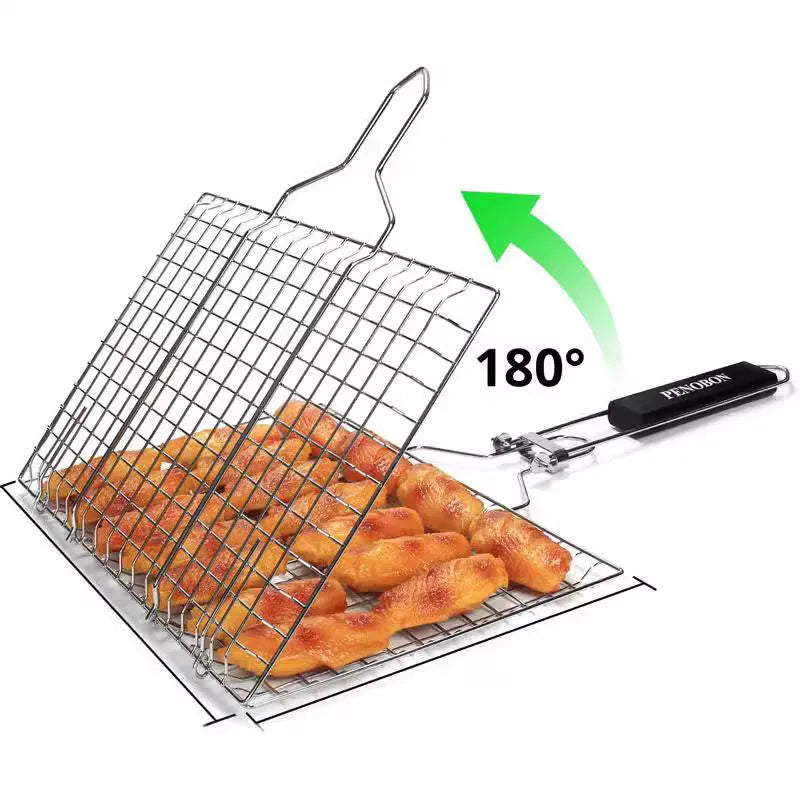 Square stainless steel barbecue mesh basket with folding design and included cleaning brush for outdoor grilling