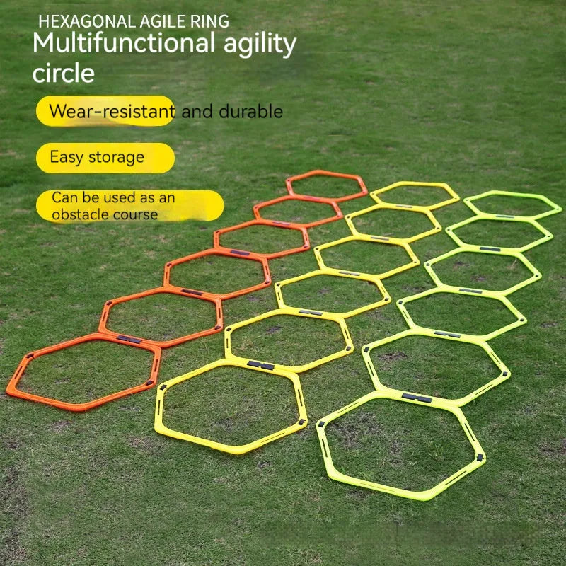 Set of six foldable hexagon football agility training rings in green, orange and yellow PP plastic