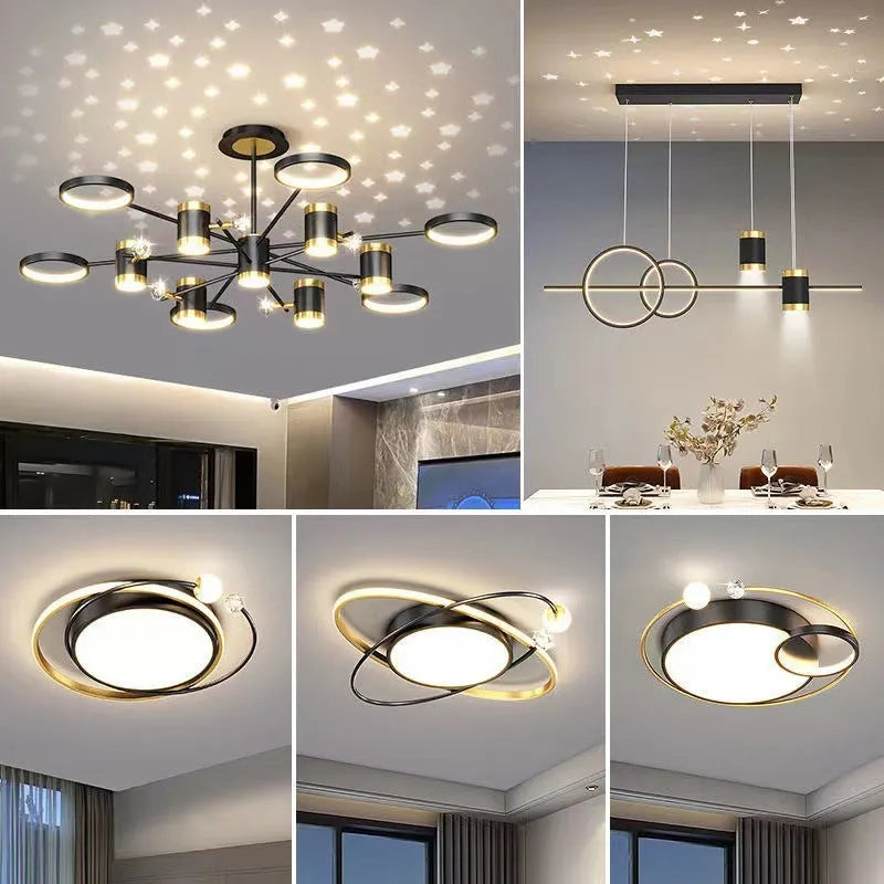 Black iron star-shaped pendant chandelier with thirteen lights and remote control