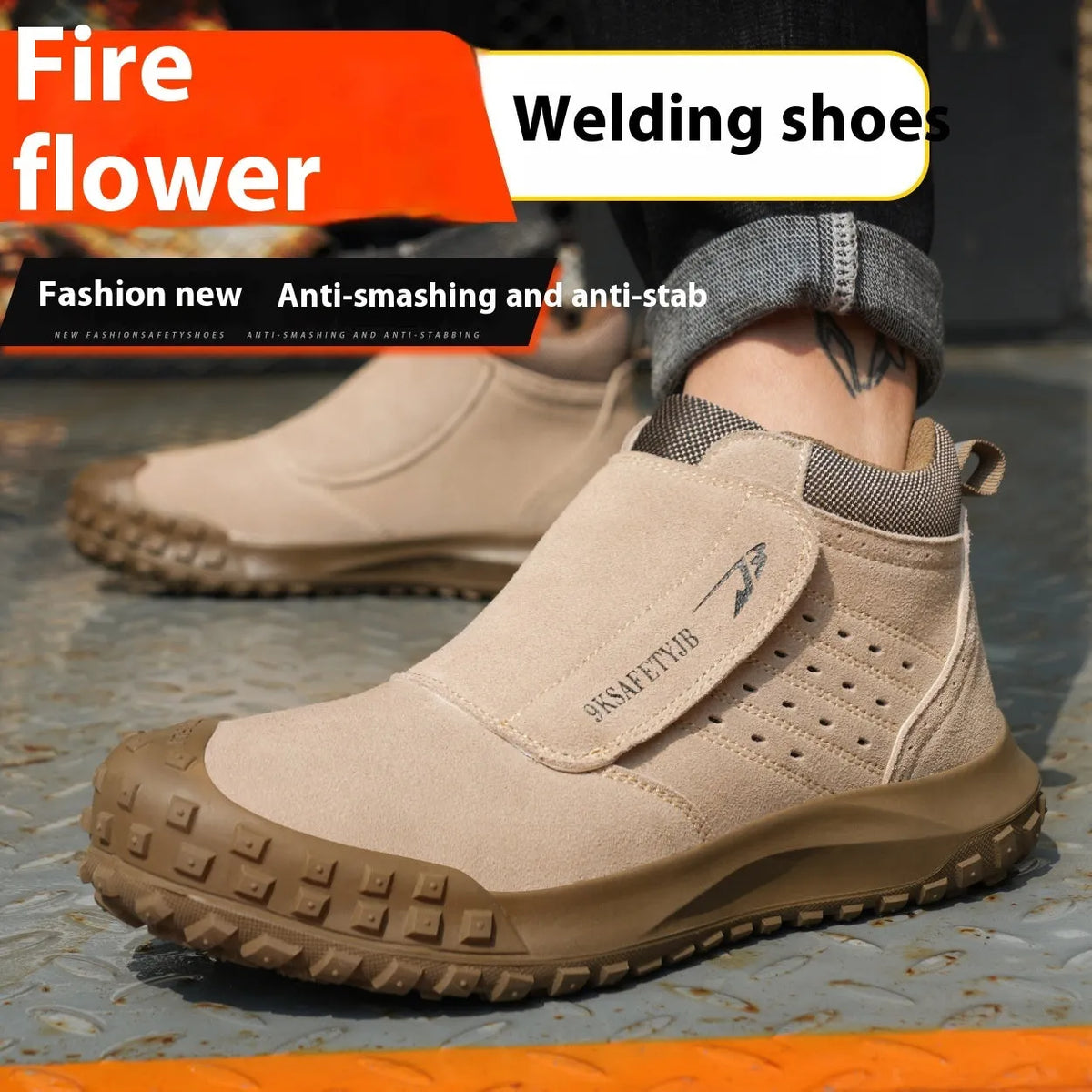 Lightweight welder labour protection safety shoes with steel toe cap and lace-up front, shown in sand colour.