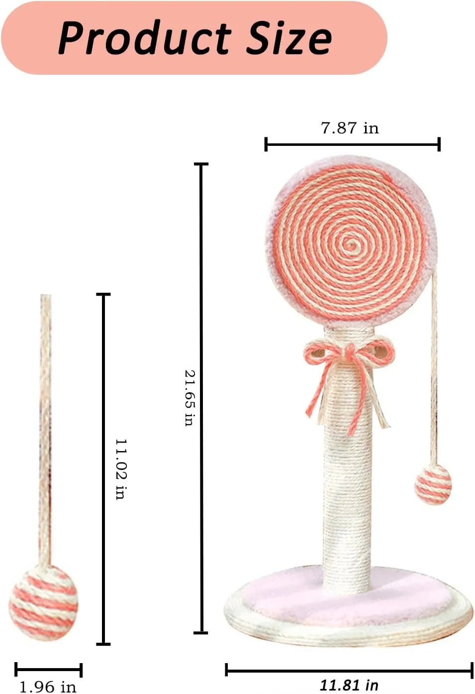 Blue cat scratching post with sisal rope, hanging ball toy, and a sturdy wooden base