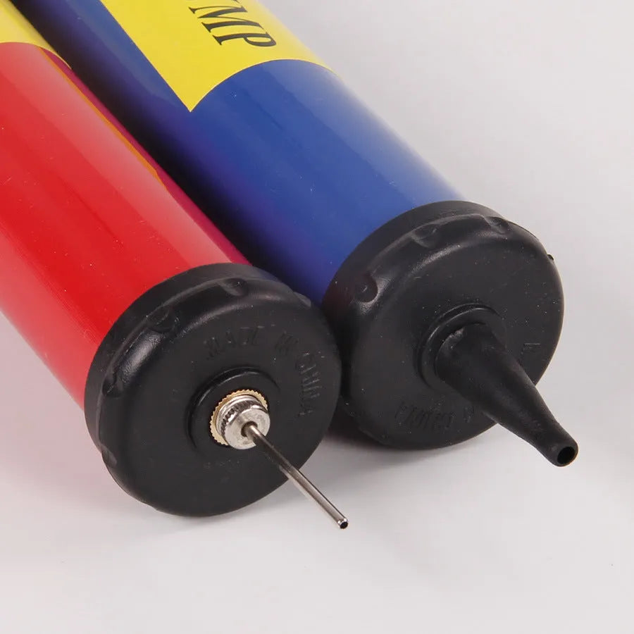 Mixed colour plastic manual hand pump for inflating basketballs, footballs, volleyballs, and balloons.