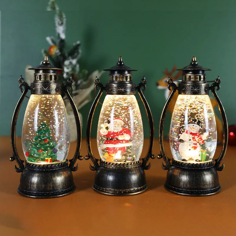 Plastic Crystal ball lamp with light, showing Snowman and Elderly Oil Lamp Christmas decoration designs.