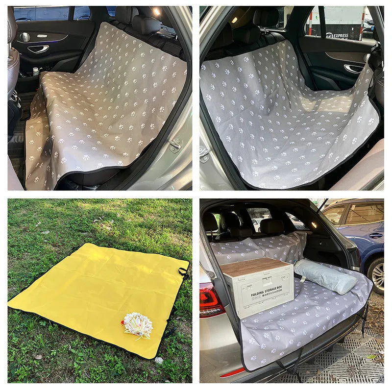 Car pet mat for rear seats with water resistant cloth and dog paw print design in grey colour
