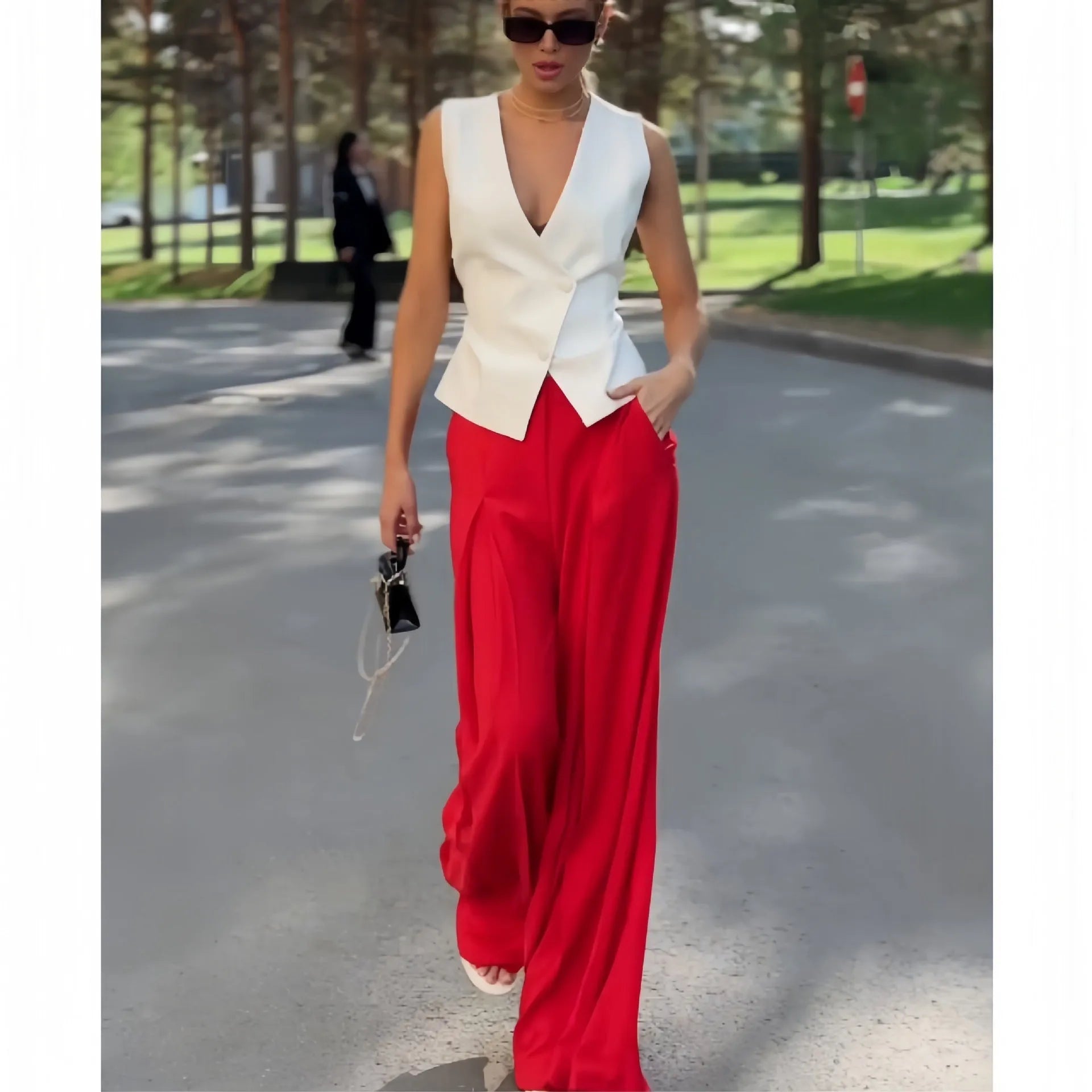 Women's beige deep V-neck sleeveless top and wide leg trousers two-piece set