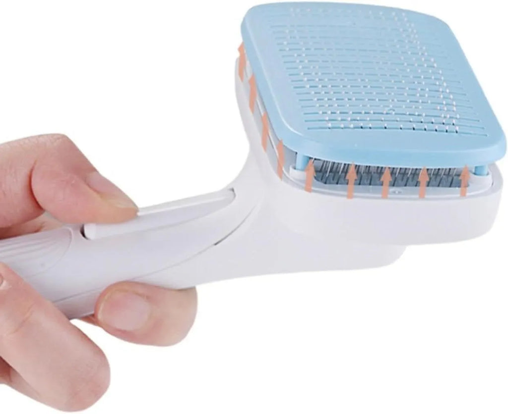 Automatic pet hair removal comb in blue, measuring 10.7cm by 19.5cm.