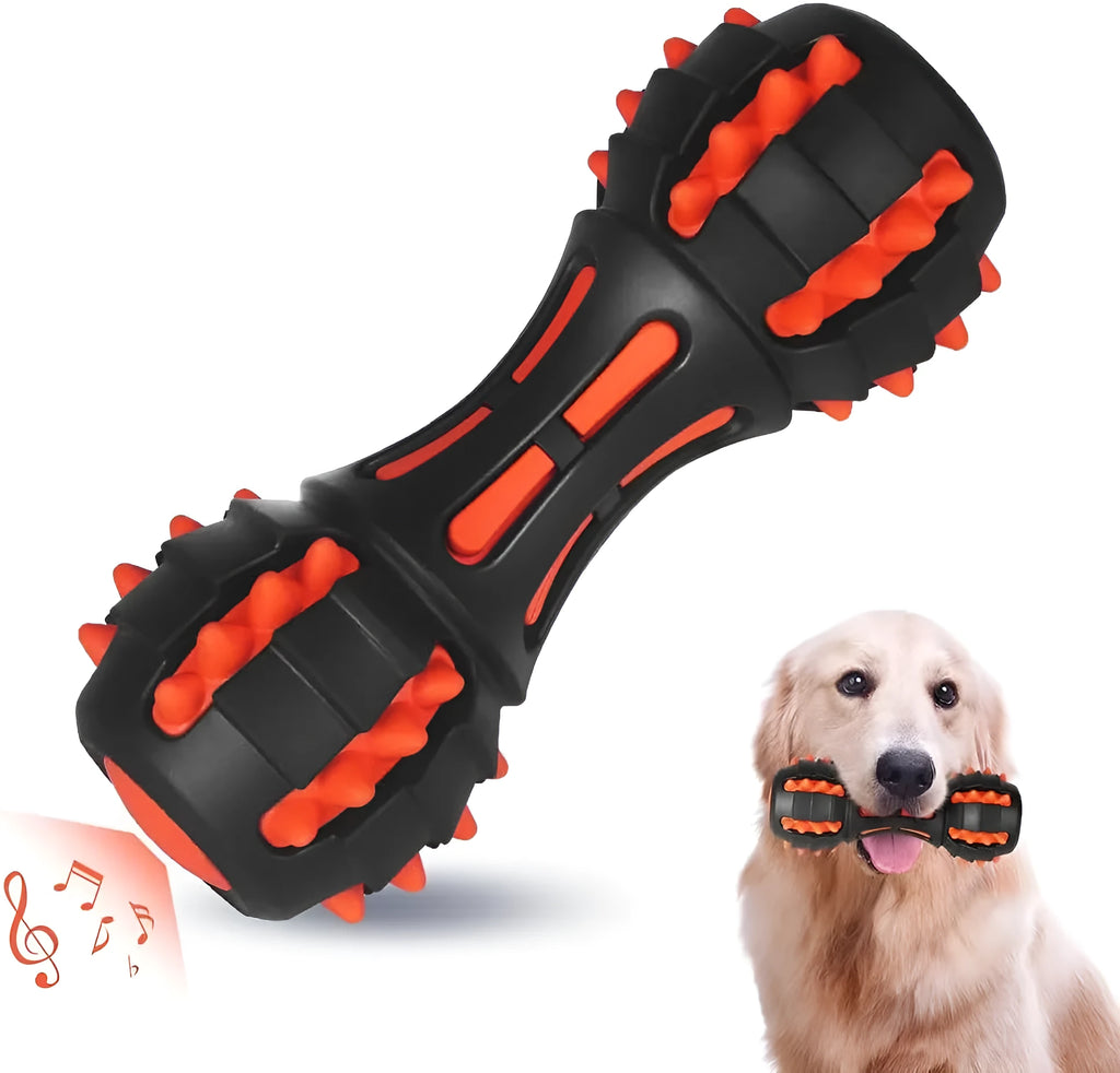 Red rubber dumbbell-shaped dog chew toy for medium and large breed aggressive chewers