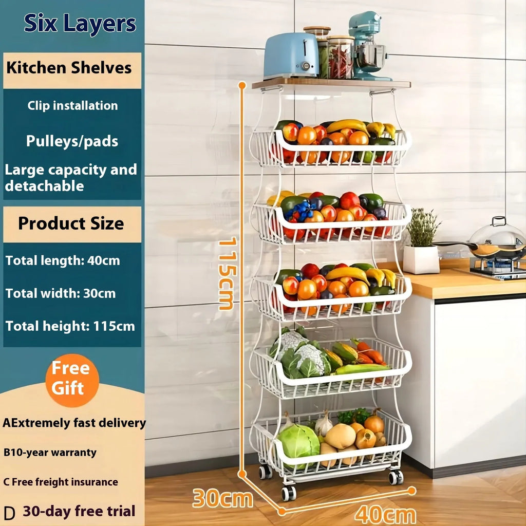 Black freestanding kitchen storage trolley with six shelves